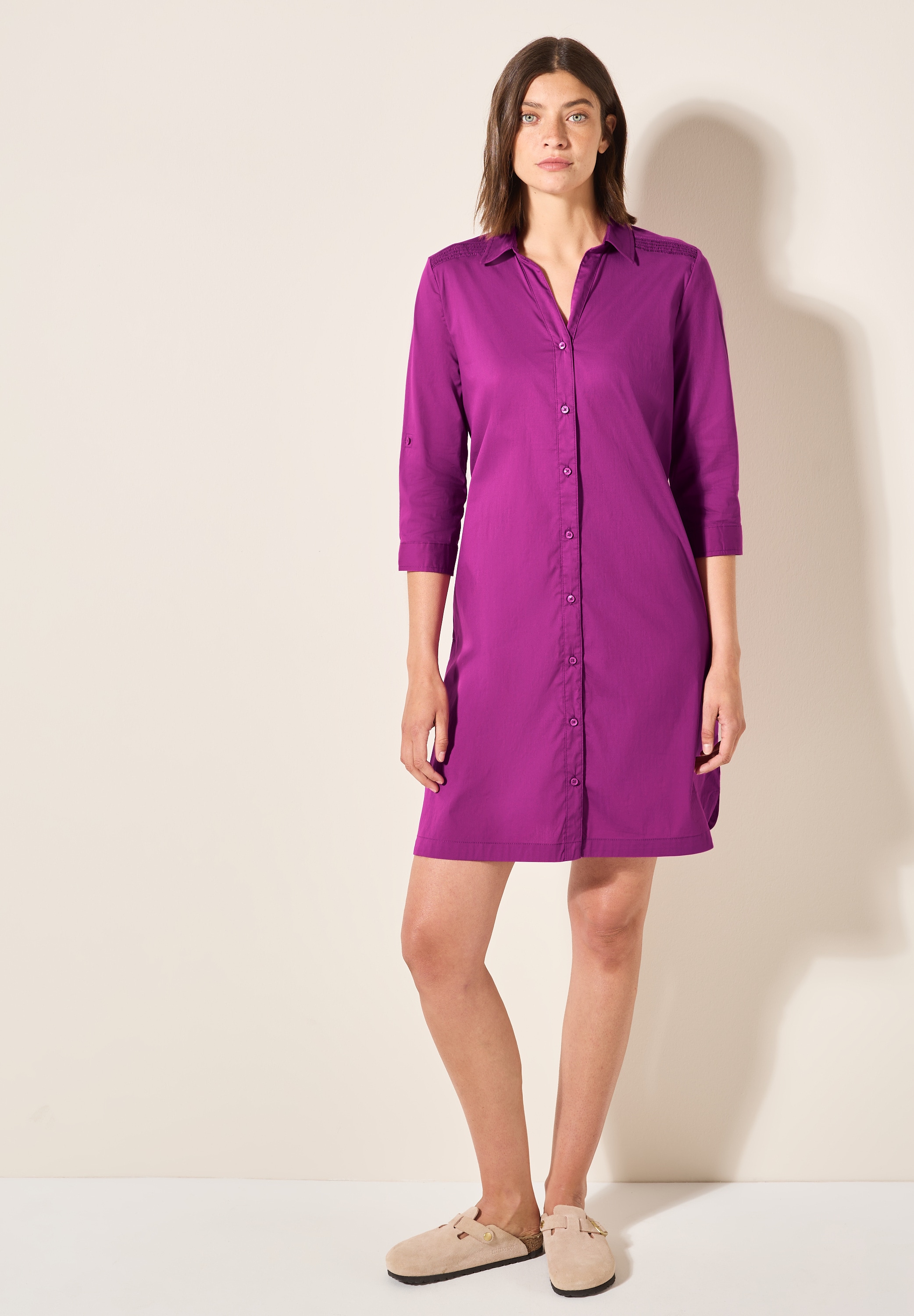 Blusenkleid CECIL, Damen, Gr. M (40), US-Größen, rosa (anemone pink), Web, 74% Baumwolle, 24% Polyamid, 2% Elasthan, unifarben, gerade knielang, V-Ausschnitt, Bündchen, Kleider Blusenkleid, knielang