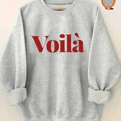 TEMU 1pc Women's Autumn And Winter Casual Sports Fleece Round Neck Pullover Sweatshirt With Voila Lettering Print, Made Of Comfortable And Breathable Polyester Fiber Image