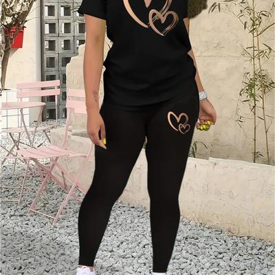 TEMU Heart Print 2 Piece Set, Short Sleeves T-shirt & Leggings, Women's Clothing Image