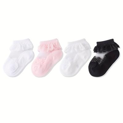 TEMU 4 Pairs Girls' Lace Trim Knee Socks, Breathable Polyester & Spandex Blend, Solid Color, Hand Wash Only, Spring/summer Knit Fabric - Comfortable Toddler & Kids Socks Image