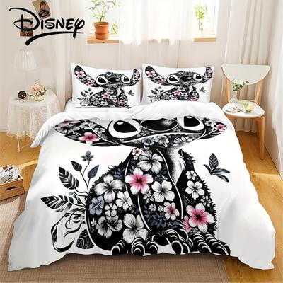 TEMU Authorized 3pcs Stitch Star And Stitch Bedding Set Features 1 Quilt Cover And 2 Pillowcases, Making It An Ideal For Room Decor In Different Sizes. Image