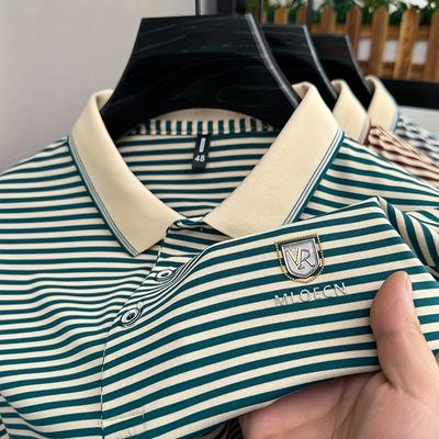 TEMU New Arrival Geometric Pattern Short Sleeve Polyester T-shirt, Simple, Elegant Lapel Collar, Medium Stretch, Regular Sleeve, For Men, Daily Casual, Weekend Casual Image