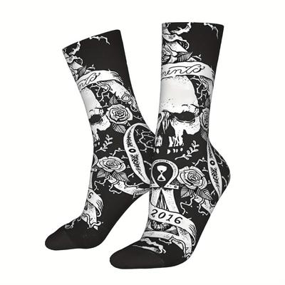 TEMU [everyday ] Bohse Onkelz Men' Series Crew Socks - Black & White Skull, Roses & 2016 Design, Comfortable Polyester Blend, Moisture-wicking, Knee-high With Reinforced Heels, Casual Attire Or Sports Image