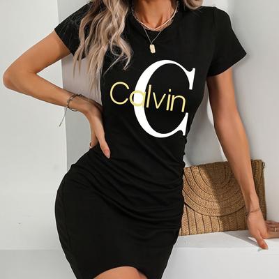 TEMU Stylish Black Print T-shirt Dress - Sexy Bodycon Fit, Round Neck, Stretchy Polyester Blend, Machine Washable, Spring/summer Casual Wear, Evening Attire | Elegant Casual Wear | Knit Texture Image