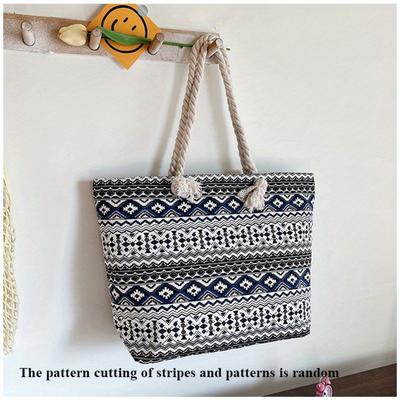 TEMU Bohemian Striped Nylon Tote Bag, Large Capacity Shoulder Handbag With Zipper Closure, Polyester Lined, Ethnic Print, Rope Handle, Holiday Theme, Hand Washable Image