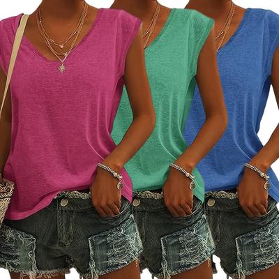 TEMU Women's Casual Tops - Three-piece Set With V-neck, Short Sleeve, And Denim Shorts, Wear, Casual Attire| Tank Tops| Image