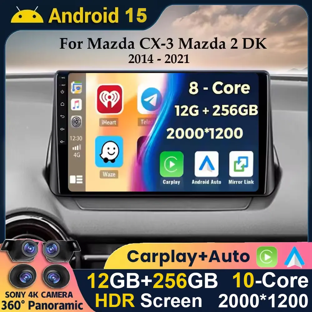 Android 15 Carplay Auto WIFI + 4G Auto Radio Für Mazda CX-3 CX3 Mazda 2 DK 2014-2021 multimedia-Player GPS Stereo Kopf Einheit DSP RDS Image