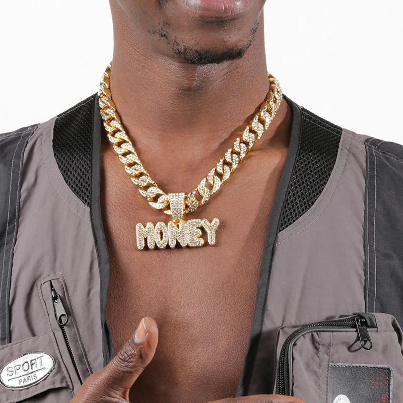 Mode Kristall Geld Brief Anhänger Hip Hop Schmuck Halskette für Frauen Männer kubanische Kette HipHop Rapper Choker Kragen Image