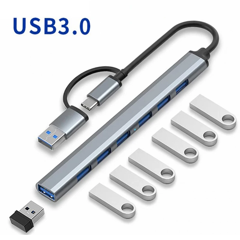 7 Ports USB 3.0 HUB Typ C Extender USB-Kabel-Splitter für Tablet-Tastatur, Maus, USB-Disk, Aluminium, Telefon, USB-Verlängerungsadapter Image