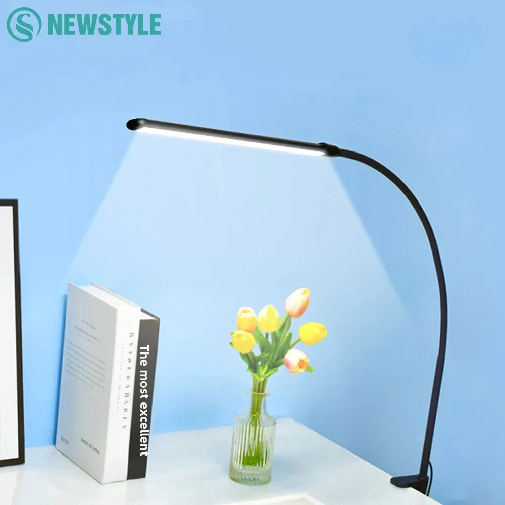 LED-Schreibtischlampe für die Augenpflege, 10 Helligkeitsstufen, 3 Beleuchtungsmodi, flexibler Schwanenhals, Arbeitstudientischlampe mit Klemme, USB-PC-Schreibtischlampe Image