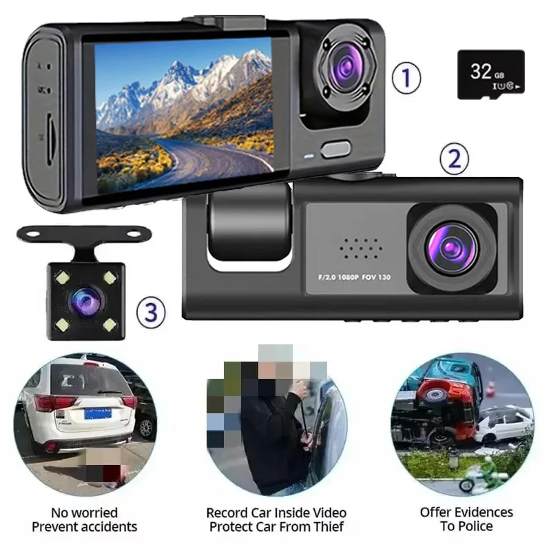 Dashcam mit IR-Nachtsicht-Loop-Aufzeichnung und 2 Zoll IPS-Bildschirm 1080P 3-Kamera, DVR-Recorder, Videorecorder, Fahrzeug-DVR Image