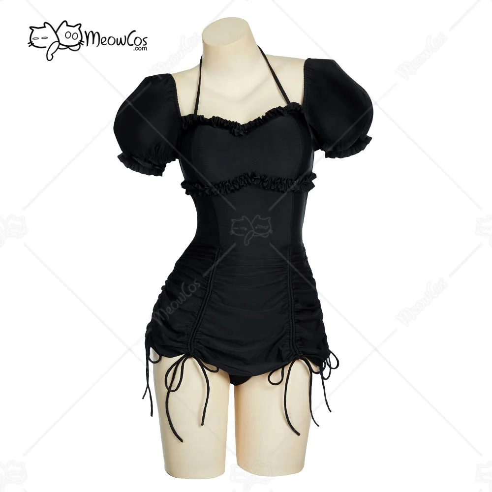MEOWCOS Damen-Badeanzug im Gothic-Stil, Schwarz, Vintage-Stil, Kordelzug, Blasenärmel, einteiliger Badeanzug Image