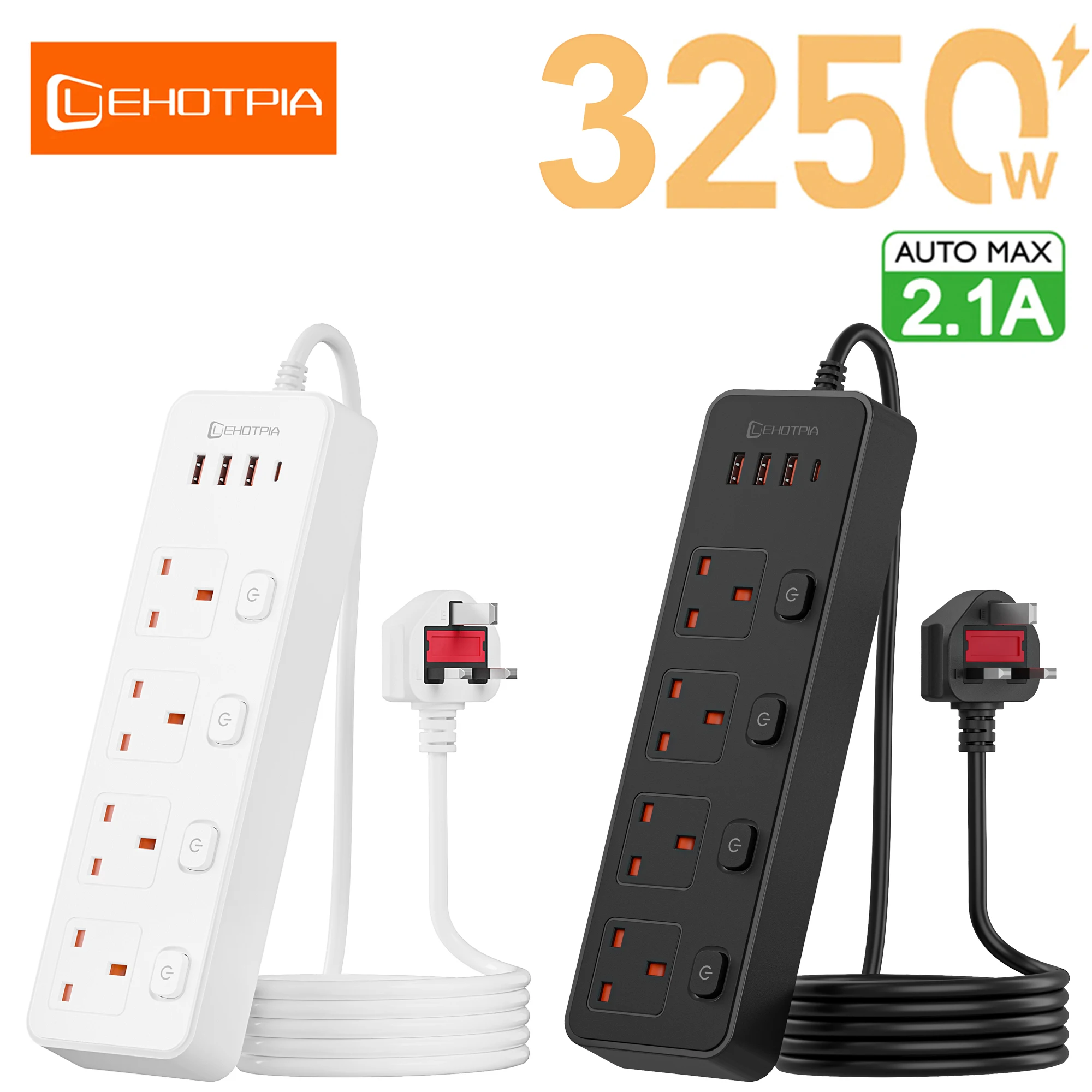 UK-Stecker AC-Steckdosenleiste 3250 W 1,8 m Verlängerungskabel, unabhängiger Schalter, Multitap-Steckdose, Netzwerkfilter mit USB-C-Anschlüssen zum Aufladen Image