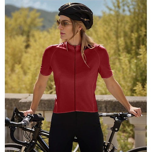 Damen Radtrikot Einfarbig Grafik Kurzarm Fahhrad Trikot Oberteil mit 3 Gesäßtaschen Sonnenschutz UV-beständig Schnelltrocknend Reflektierende Streifen Sport Weinrot Weiß Armeegrün Bekleidung Image