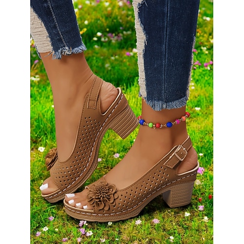Slingback-Sandalen mit Blumen-Cutout für Damen – bequeme Sommersandalen mit klobigem Absatz für die Freizeit und Gartenpartys Image