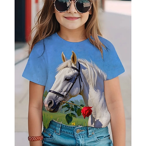 Mädchen 3D Pferd T-Shirt Kurzarm Sommer Frühling Mode Basic Kinder 4-12 Jahre Rundhalsausschnitt Outdoor Lässig Täglich Normale Passform Image