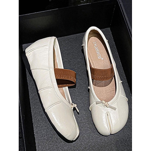 Flache braune Mary Janes mit geteilter Spitze und elastischem Riemen für Damen – Retro-Lederschuhe für Verabredungen im Alltag und Wochenendausflüge Image