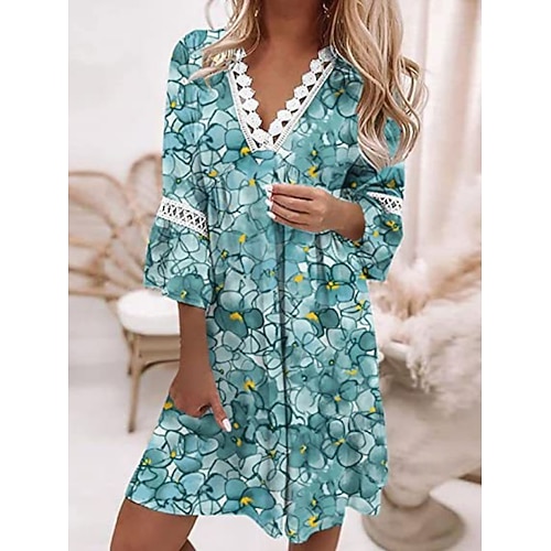 Damen Minikleid Freizeitkleid Sommerkleid Mode Modern Täglich Urlaub Wochenende Normale Passform Blumen Grafik Farbverläufe Dreiviertelarm V Ausschnitt Blau Weiß Rosa Wein Sommer Image