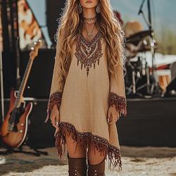 Damen Midikleid Boho-Kleid Druckkleid Westernkleid Mode Modern Outdoor Ferien Normale Passform Blume Langarm V Ausschnitt Khaki Sommer