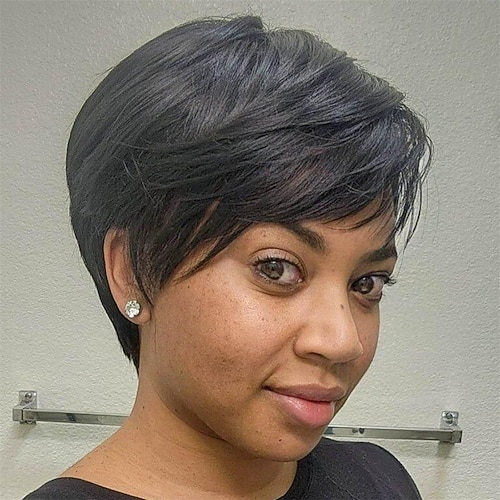 Kurze Perücken im Pixie-Schnitt – 10,2 cm natürliches Schwarz, gemischt braun, kurz gestufte Perücke für schwarze Frauen, helle Yaki-Perücke, glatte Perücken aus Kunsthaar für den Alltag, Image