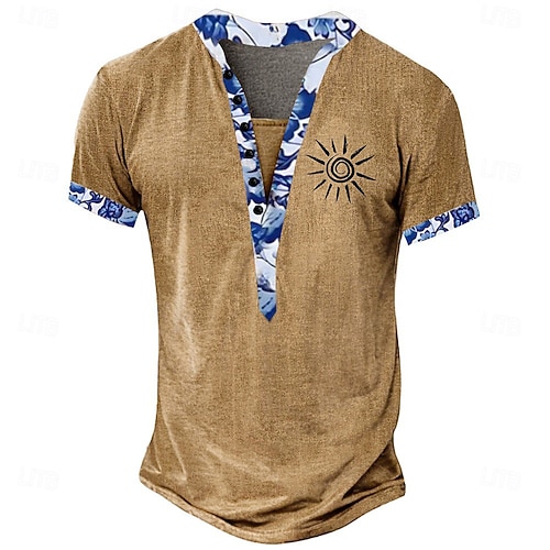 Herren Blumenmuster T Shirt Henley Hemd T-Shirt Kurzarm Designer Basic Ethnisch Outdoor Lässig Täglich Sommer Hellgrün Dunkelbraun Khaki Henley Henley T-Shirt Image