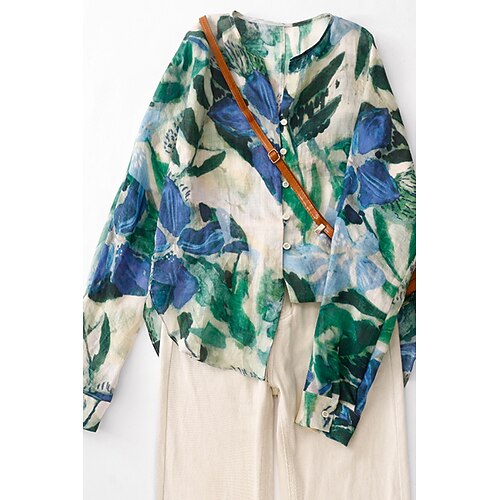 Damen Hemd Baumwoll-Leinen-Hemden Knopfleiste Baumwoll-Leinen-Hemd Knöpfe Druck Blumen Modern Lässig Langarm V Ausschnitt Normale Oberteile Täglich Ferien Ausgehen Grün Sommer Image