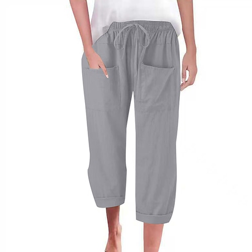 Damen Kunstbaumwollleinen Caprihose Stoffhosen Streetwear Lässig Wadenlang Natürliche Taille Einfach Tasche Elastisches Kordelzugdesign Außenbereich Bequem Straße Ausgehen Grau Schwarz Weiß Grün Image