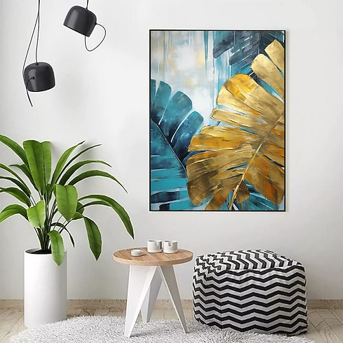 handgefertigtes Ölgemälde auf Leinwand, Wandkunst, Dekoration, abstraktes goldenes Bananenblatt für die Inneneinrichtung, gerolltes, rahmenloses, ungedehntes Gemälde Image