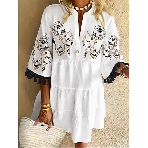 Damen Minikleid Freizeitkleid Blumenkleid Sommerkleid Mode Modern Täglich Strand Wochenende Normale Passform Blumen Dreiviertelarm V Ausschnitt Schwarz Weiß Gelb Rote Sommer Image