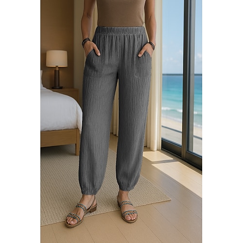 Damen Kunstbaumwollleinen Komfort Volle Länge Hohe Taille Einfach Tasche Elastischer Bund Bequem Außenbereich Straße Alltagskleidung Ausgehen Schwarz Weiß Marineblau Meerblau Sommer Normale Passform Image