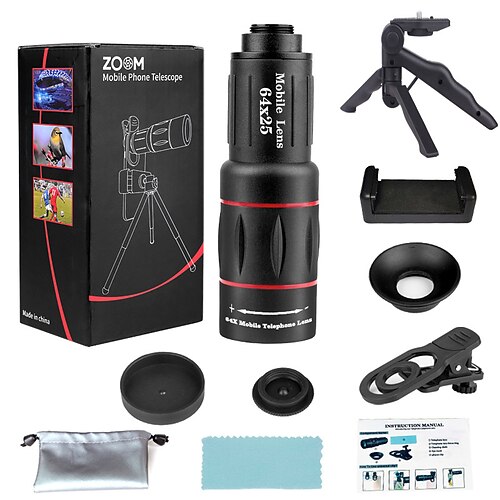 Handy-Kamera-Objektiv-Set, 36x/64x Teleobjektiv für iPhone mit E-Clip und Stativ, passend für die meisten Smartphones
