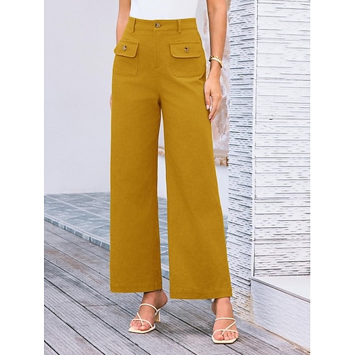 Damen Weites Bein Hosen Hose Streetwear Arbeit Lang Hohe Taille Einfach Tasche Hoher Schnitt Atmungsaktivität Weich Mikroelastisch Urlaub Straße Alltagskleidung Schwarz Weiß Gelb Rosa Sommer Normale Image