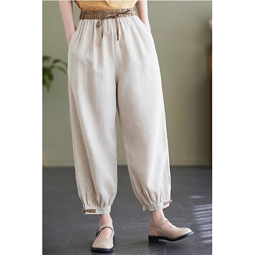 Damen Baumwoll Mischung Stoffhosen Streetwear Lässig Volle Länge Natürliche Taille Farbblock Patchwork Tasche Elastisches Kordelzugdesign Bequem Außenbereich Straße Ausgehen Aprikose Weiß Grün Sommer Image