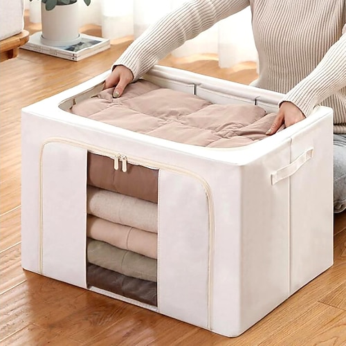 Kleideraufbewahrungsbehälter, stapelbare Aufbewahrungsbox mit Metallrahmen, faltbarer Organizer aus Leinenstoff mit Tragegriffen und klarem Fenster Image