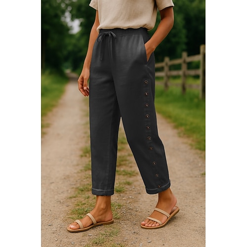 Damen Kunstbaumwollleinen Komfort Volle Länge Hohe Taille Einfach Tasche Elastischer Bund Bequem Außenbereich Straße Alltagskleidung Ausgehen Schwarz Weiß Blau Khaki Sommer Normale Passform Image