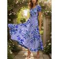 Damen Maxikleid Strickkleid Freizeitkleid A Linie Kleid Sommerkleid Urlaub Vintage Ethnisch Normale Passform Blumen Grafik Geometrisch Kurzarm Quadrathals Rundausschnitt Rosa Blau Grün Sommer Frühling