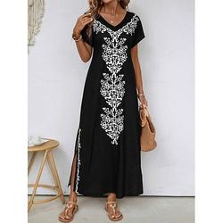 Damen Maxikleid Strandkleid Shift Kleid A-Linie Kleid Ethnisch Legere Drop Shoulder Alltag Lockere Passform Grafisch Kurzarm V-Ausschnitt Schwarz Sommer