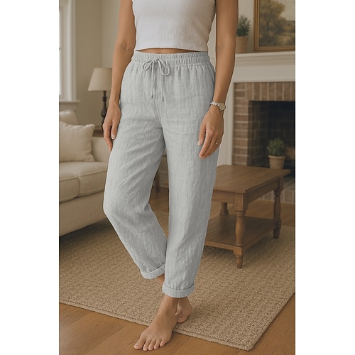 Damen 100% Baumwolle Komfort Volle Länge Hohe Taille Einfach Tasche Elastischer Bund Bequem Außenbereich Alltagskleidung Schwarz Weiß Rot Grün Sommer Normale Passform Image