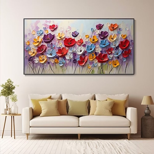 Ölgemälde mit blühenden Blumen, handgemalt, strukturiertes Sonnenblumen-Ölgemälde, lebendiges Frühlingsgarten-Kunstwerk, farbenfrohes 3D-Blumenkunstgemälde für Wohnzimmer, Schlafzimmer, Image