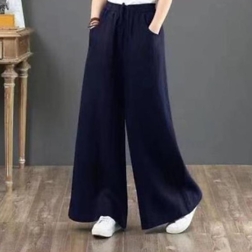 Damen Baumwoll Mischung Hose aus Baumwollleinen Weites Bein Stoffhosen Mode Streetwear Volle Länge Natürliche Taille Einfach Tasche Elastisches Kordelzugdesign Bequem Außenbereich Straße Ferien Image