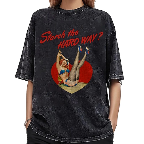 T-Shirt Übergroßes Acid-Wash-T-Shirt Retro Poster Retro-Mädchen 1950er Retro Vintage T-Shirt Ärmel Grafik für Paar Herren Damen Erwachsene Heißprägen für Maskerade Alltagstauglich Image