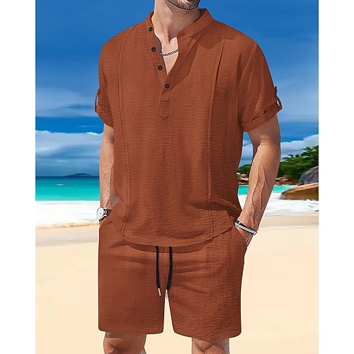 Herren T-Shirt Anzüge 2-teiliges Outfit T-Shirt und Shorts Kurzarm Henley Sommer Einfach Mode Lässig 2 teilig Urlaub Alltagskleidung Ausgehen Weiß Königliches Blau Braun Top T-Shirt für Herren Image