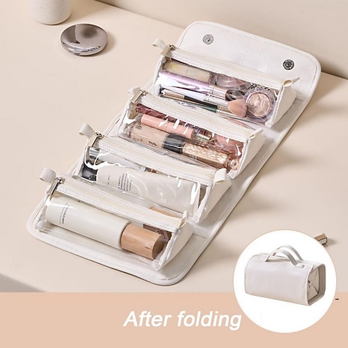 Reisekosmetiktasche aus Leder, große Kapazität, tragbarer Make-up-Koffer für Damen, wasserdichte Aufbewahrungstasche für Kulturbeutel, Make-up-Organizer, faltbare 4-in-1-Reise-Kulturtasche, Image
