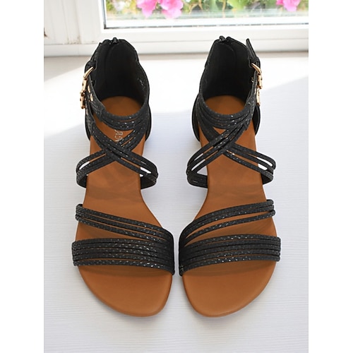 Beigefarbene, geflochtene flache Sandalen im Gladiator-Stil mit doppelten Schnallenriemen für Damen – lässige Boho-Sommerschuhe für Reisen, Urlaub und Alltagsoutfits Image