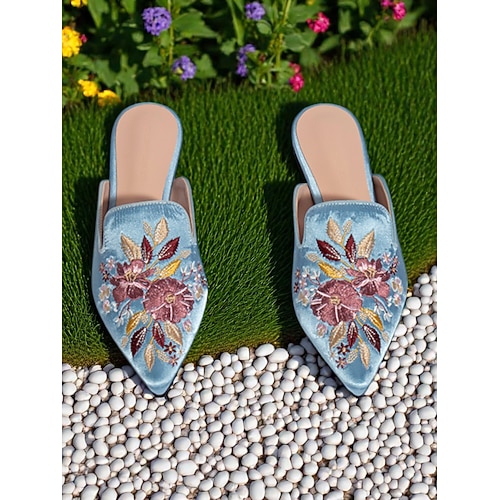 Damen-Pantoletten aus Satin mit bestickter Spitze und spitzer Spitze – Slip-On-Ballerinas im Vintage-Stil mit Blumenmuster für legere Verabredungen und Spaziergänge im Freien Image