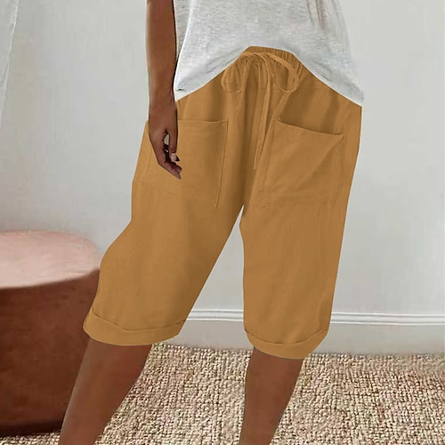 Damen Kunstbaumwollleinen Caprihose Stoffhosen Lässig Wadenlang Natürliche Taille Einfach Tasche Elastischer Bund Bequem Außenbereich Outdoor Wochenende Grau Schwarz Weiß Grün Sommer Normale Passform Image