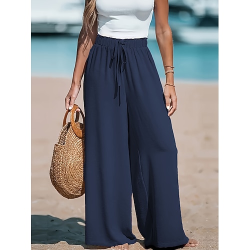 Damen Hosen Hose Palazzo-Hose Lässig Volle Länge Hoher Bund Einfarbig Kordelzug Bequem Weich Unelastisch Ausgehen Alltagstauglich Blau Rot orange Aprikose Schwarz Frühling, Herbst, Winter, Sommer Image
