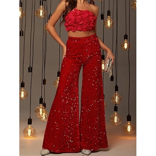 Damen Hose Freizeithose Paillettenhose Urlaub Mode Streetwear Volle Länge Hohe Taille Einfach Pailletten Elastischer Bund Weites Bein Komfort Weich Atmungsaktiv Mikroelastisch Outdoor Party Ferien Image
