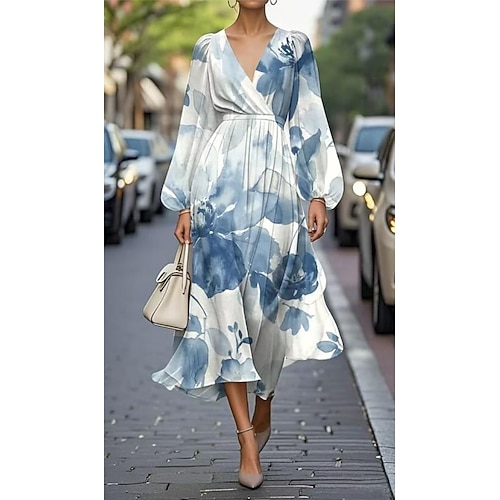 Damen Maxikleid Faltenkleid Figurbetontes Kleid Geburtstag Lässig Formell Büro Date Normale Passform Blumen Grafik Ärmellos V Ausschnitt Blau Marineblau Champagner Rosa Sommer Frühling Image