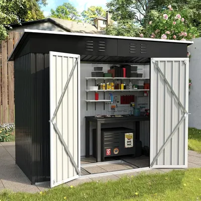 8x4 FT, Outdoor Storage Metal Galvanized Steel Yard, Patio, Lawn, Tool with Lockable Door, Sheds &